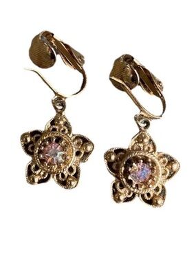 Vintage Earrings Star Stars Gold Tone Clip On Pink Tone Rhinestone